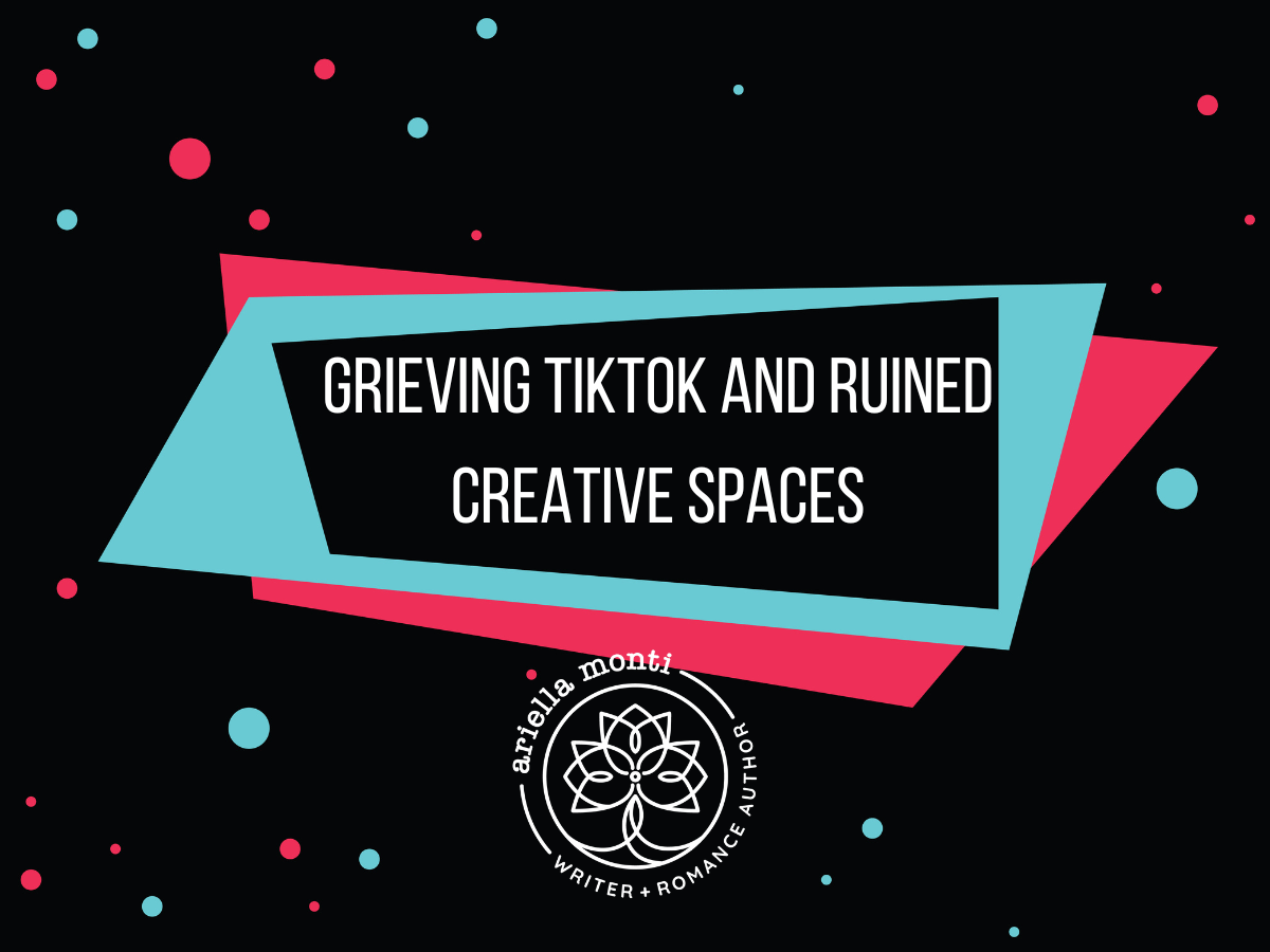neon blue and pink geometric shapes against a black background. Text reads Grieving TikTok and ruined creative spaces